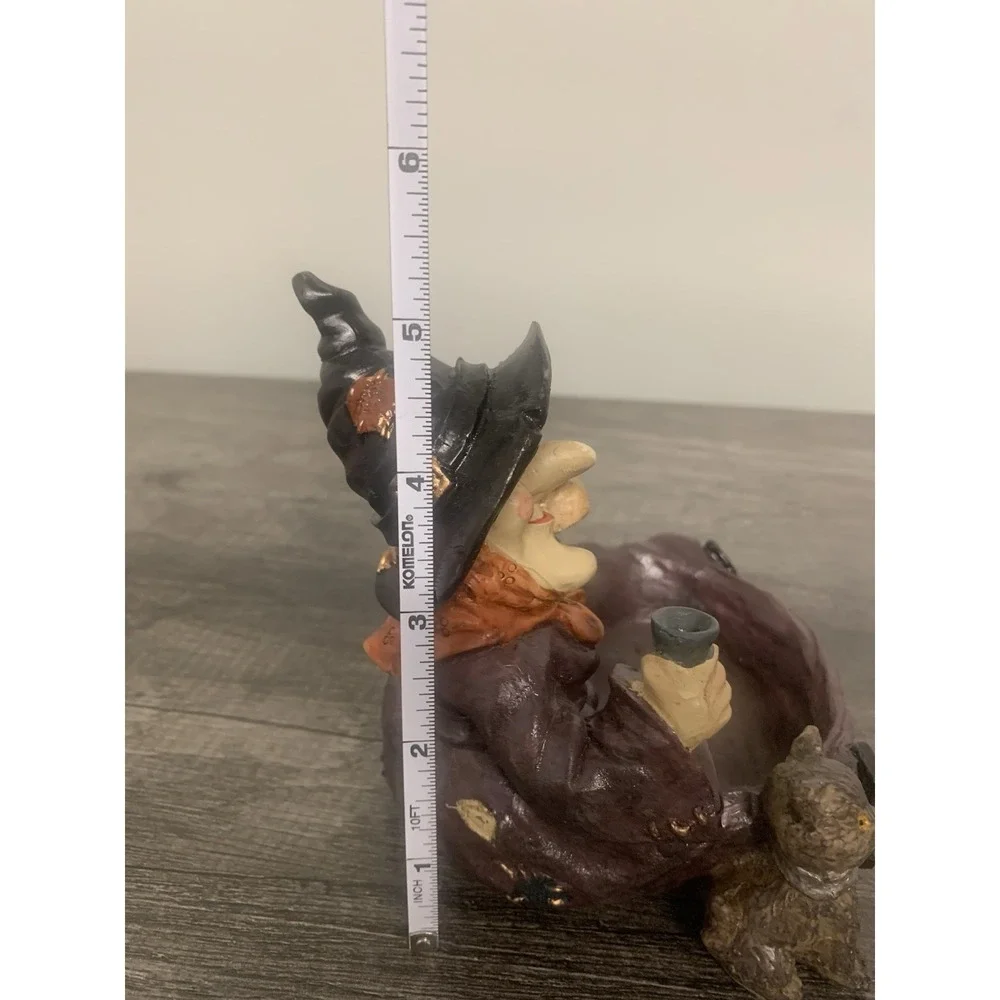 Vintage Halloween Witch Resin Candy Dish Figurine with Cat Purple Folk Art 5.5